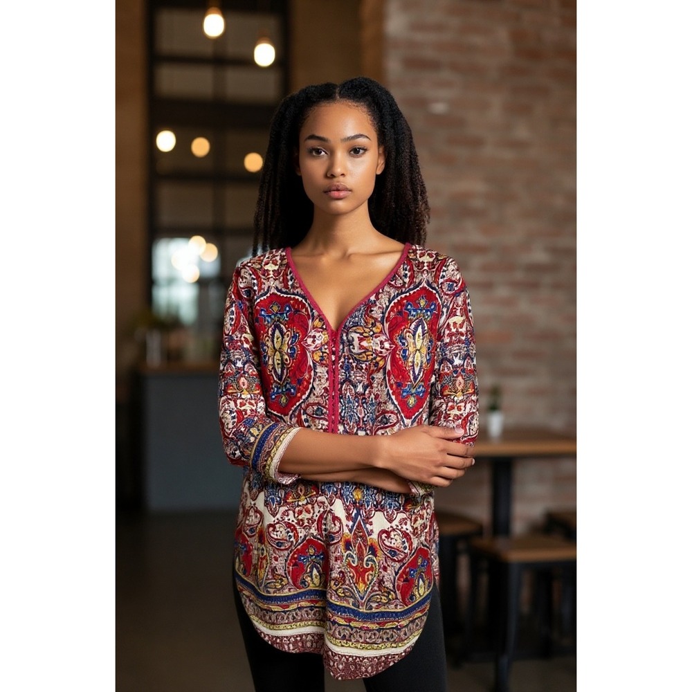 Kaktus XS Paisley Print 3/4 Sleeve Tunic Top Blouse Bohemian Red Blue